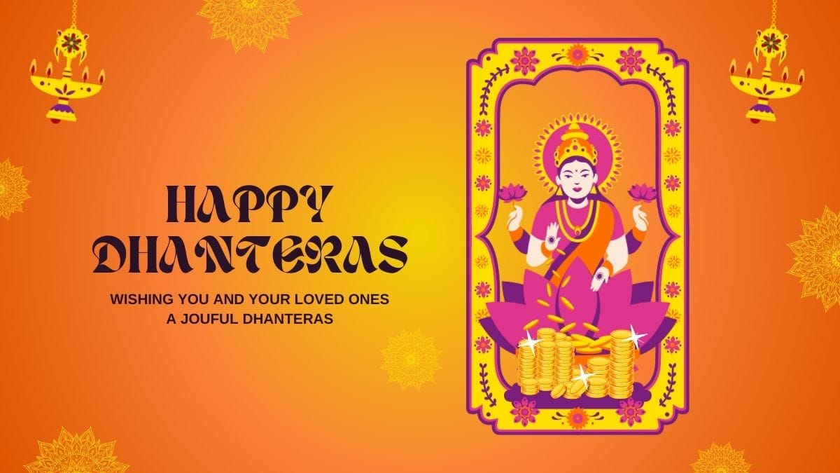 Decorative oil lamps and colorful rangoli design for Dhanteras festival, symbolizing prosperity and light.