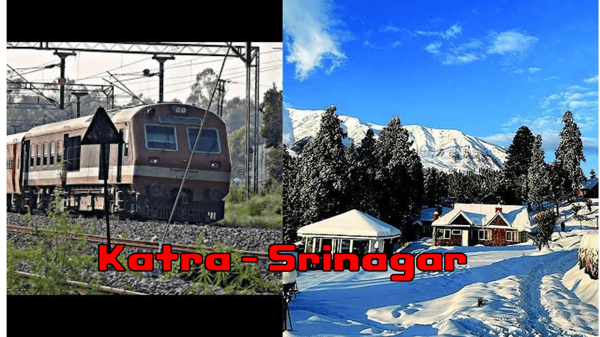 View of the Katra-Srinagar railway line with a train passing through scenic valleys, symbolizing enhanced connectivity to Jammu and Kashmir.