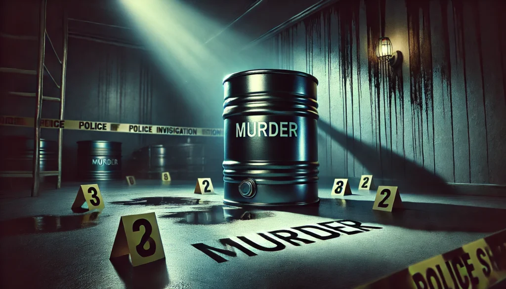 A police investigation at a crime scene in Meerut where a mutilated body was discovered inside a cement-filled drum.